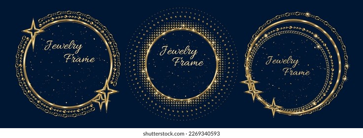 Conjunto de marcos dorados circulares con un gran espacio para copiar. Cadenas doradas de joyas, cuentas, estrellas brillantes, pequeñas partículas brillantes. Logo, emblema, insignia para el aniversario, premio, diseño de regalo en azul oscuro