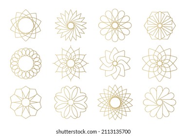 set of circular golden ornaments, round symmetrical decorative elements- vector illustration