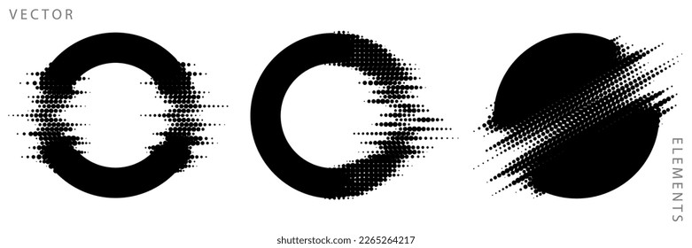 Set of Circular Graphic Elements. Glitch Halftone Texture. Vector Monochrome Illustration.