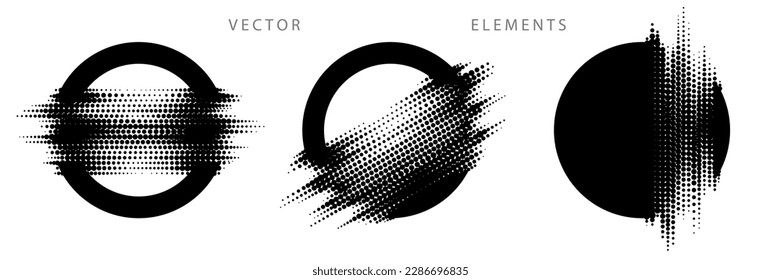 Set of Circular Graphic Elements. Glitch Halftone Texture. Vector Monochrome Illustration.