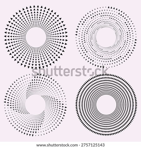 Set of circular halftone radial patterns with arrow shapes and geometric dots in vector