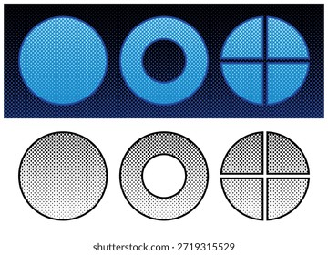 Conjunto de Formas de semitono circular con puntos, anillos y Ilustración vectorial de geometría dividida.
