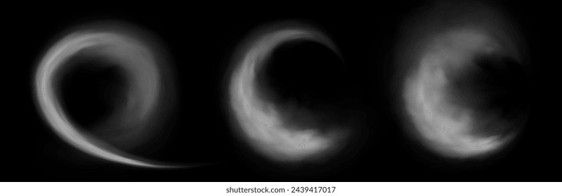 Set of circular haze, fog or smoke, white smog clouds on floor, isolated transparent special effect. Vector illustration, morning fog over land or water surface, magic haze.	