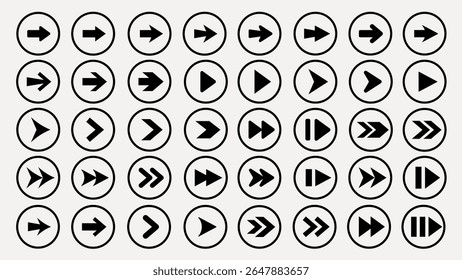 Set of circular icons with various arrow designs, including play, pause, and directional arrows. Black arrows in circles, diverse arrow styles. Element vector set.