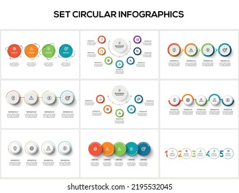 Runde Infografik mit 4, 5, 7 Schritten, Optionen, Teilen oder Prozessen einstellen. Visualisierung von Geschäftsdaten.