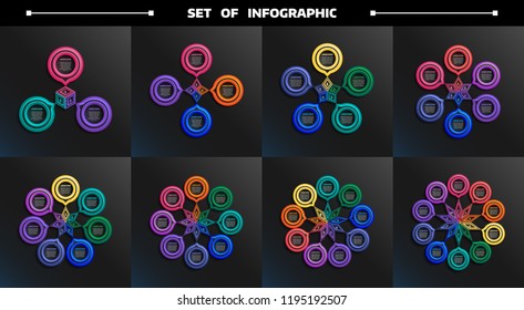 Set of circular infographic with colorful circles. Business concept. 3,4,5,6,7,8,9,10 options, parts, steps. Can be used for graph, diagram, chart, workflow layout, number options, web. Vector