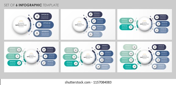 Set of circular Infographic design with icons and 3, 4, 5, 6, 7, 8 options or steps. Business concept. Can be used for process diagram, presentations, workflow layout, banner, flow chart, info graph. Set of circular Infographic design with icons and 3, 4, 5, 6, 7, 8 options or steps. Business concept. Can be used for process diagram, presentations, workflow layout, banner, flow chart, info graph.