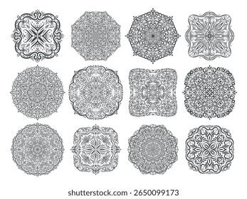 conjunto de desenhos ornamentais intrincados circulares. Coleção de mandalas ou emblemas heráldicos para design de logotipo, convites, tatuagens ou impressões têxteis.