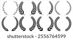 Set of circular laurel wreath. Emblem floral Greek branch of oak leaves, eucalyptus leaf, Wheat, winner award, champion medal, swirls, 
twigs and flower ornaments vector.