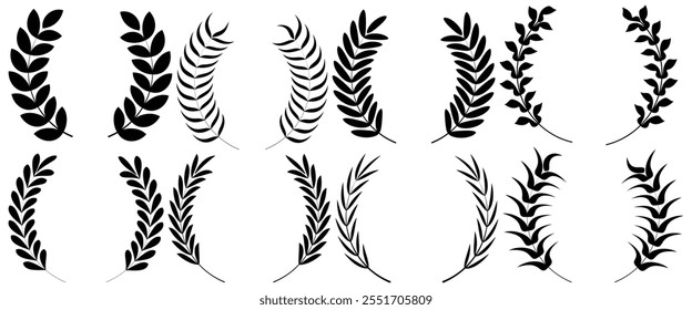 Set of circular laurel wreath. Emblem floral Greek branch of oak leaves, eucalyptus leaf, Wheat, winner award, champion medal, swirls, twigs and flower ornaments vector.