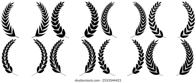 Set of circular laurel wreath. Emblem floral Greek branch of oak leaves, eucalyptus leaf, Wheat, winner award, champion medal, swirls, twigs and flower ornaments vector.