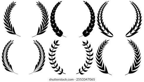 Set of circular laurel wreath. Emblem floral Greek branch of oak leaves, eucalyptus leaf, Wheat, winner award, champion medal, swirls, twigs and flower ornaments vector.