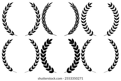 Set of circular laurel wreath. Emblem floral Greek branch of oak leaves, eucalyptus leaf, Wheat, winner award, champion medal, swirls, twigs and flower ornaments vector.