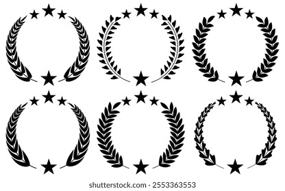 Set of circular laurel wreath. Emblem floral Greek branch of oak leaves, eucalyptus leaf, Wheat, winner award, champion medal, swirls, twigs and flower ornaments vector.