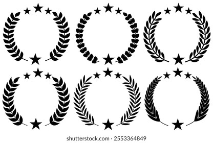 Set of circular laurel wreath. Emblem floral Greek branch of oak leaves, eucalyptus leaf, Wheat, winner award, champion medal, swirls, twigs and flower ornaments vector.