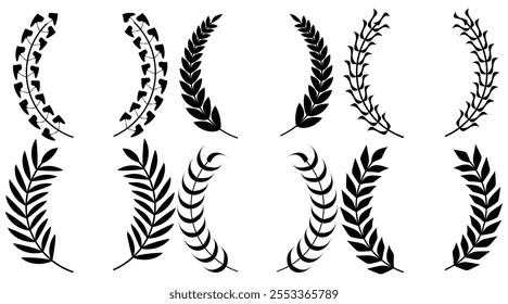 Set of circular laurel wreath. Emblem floral Greek branch of oak leaves, eucalyptus leaf, Wheat, winner award, champion medal, swirls, twigs and flower ornaments vector.