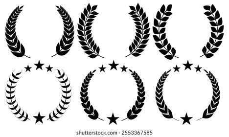 Set of circular laurel wreath. Emblem floral Greek branch of oak leaves, eucalyptus leaf, Wheat, winner award, champion medal, swirls, twigs and flower ornaments vector.