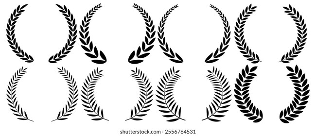 Set of circular laurel wreath. Emblem floral Greek branch of oak leaves, eucalyptus leaf, Wheat, winner award, champion medal, swirls, 
twigs and flower ornaments vector.