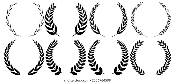 Set of circular laurel wreath. Emblem floral Greek branch of oak leaves, eucalyptus leaf, Wheat, winner award, champion medal, swirls, 
twigs and flower ornaments vector.