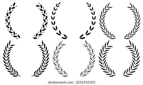 Set of circular laurel wreath. Emblem floral Greek branch of oak leaves, eucalyptus leaf, Wheat, winner award, champion medal, swirls, 
twigs and flower ornaments vector.