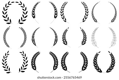 Set of circular laurel wreath. Emblem floral Greek branch of oak leaves, eucalyptus leaf, Wheat, winner award, champion medal, swirls, 
twigs and flower ornaments vector.