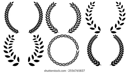 Set of circular laurel wreath. Emblem floral Greek branch of oak leaves, eucalyptus leaf, Wheat, winner award, champion medal, swirls, 
twigs and flower ornaments vector.