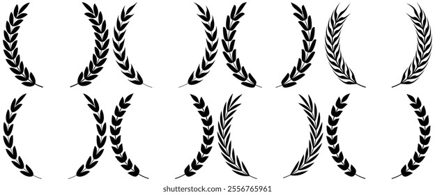 Set of circular laurel wreath. Emblem floral Greek branch of oak leaves, eucalyptus leaf, Wheat, winner award, champion medal, swirls, 
twigs and flower ornaments vector.