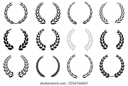 Set of circular laurel wreath. Emblem floral Greek branch of oak leaves, eucalyptus leaf, Wheat, winner award, champion medal, swirls, 
twigs and flower ornaments vector.