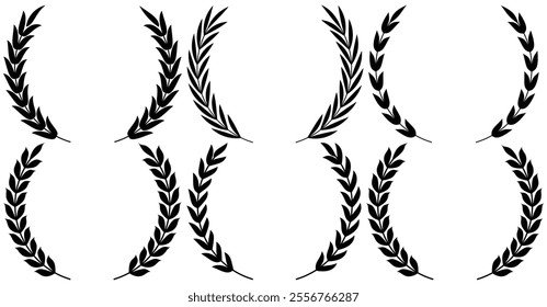 Set of circular laurel wreath. Emblem floral Greek branch of oak leaves, eucalyptus leaf, Wheat, winner award, champion medal, swirls, 
twigs and flower ornaments vector.