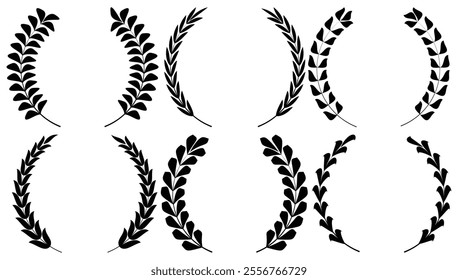 Set of circular laurel wreath. Emblem floral Greek branch of oak leaves, eucalyptus leaf, Wheat, winner award, champion medal, swirls, 
twigs and flower ornaments vector.