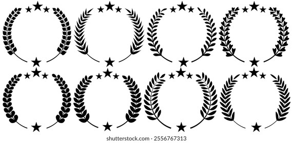 Set of circular laurel wreath. Emblem floral Greek branch of oak leaves, eucalyptus leaf, Wheat, winner award, champion medal, swirls, 
twigs and flower ornaments vector.