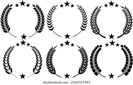 Set of circular laurel wreath. Emblem floral Greek branch of oak leaves, eucalyptus leaf, Wheat, winner award, champion medal, swirls, 
twigs and flower ornaments vector.