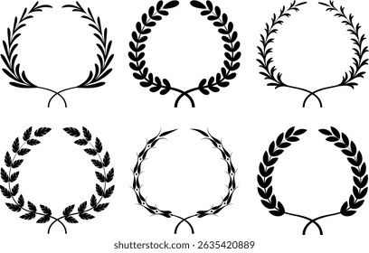 Set of circular laurel wreath. Emblem floral Greek branch of oak leaves, eucalyptus leaf, Wheat, winner award, champion medal, swirls, twigs and flower ornaments vector