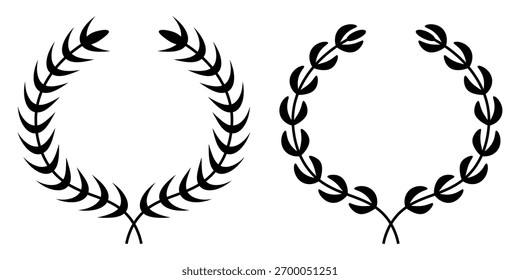 Conjunto de corona de laurel circular. Emblema floral rama griega de hojas de roble, hoja de eucalipto, trigo, premio del ganador, medalla de campeón, remolinos, ramitas y adornos de flores Vector