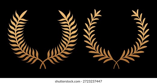 Conjunto de corona de laurel circular. Emblema floral rama griega de hojas de roble, hoja de eucalipto, trigo, premio del ganador, medalla de campeón, remolinos, ramitas y adornos de flores Vector