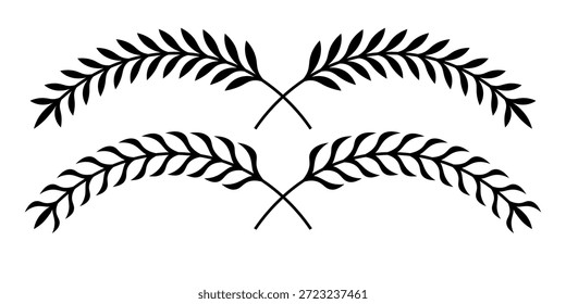 Conjunto de corona de laurel circular. Emblema floral rama griega de hojas de roble, hoja de eucalipto, trigo, premio del ganador, medalla de campeón, remolinos, ramitas y adornos de flores Vector