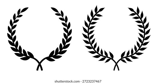 Conjunto de corona de laurel circular. Emblema floral rama griega de hojas de roble, hoja de eucalipto, trigo, premio del ganador, medalla de campeón, remolinos, ramitas y adornos de flores Vector