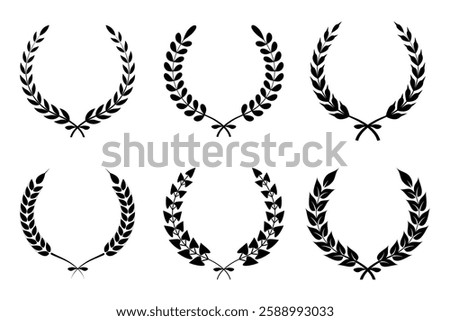 Set of circular laurel wreath. Emblem floral Greek branch of oak leaves, eucalyptus leaf, Wheat, winner award, champion medal, swirls, twigs and flower ornaments vector