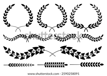 Set of circular laurel wreath. Emblem floral Greek branch of oak leaves, eucalyptus leaf, Wheat, winner award, champion medal, swirls, twigs and flower ornaments vector
