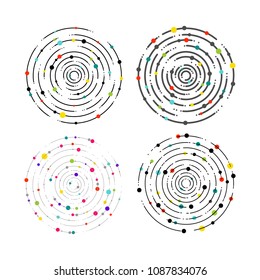 Set of circular lines and color dots. Circular lines graphic pattern, dashed line ripples. Geometric element, concentric, radiating circles, vortex. Vector illustration. Isolated on white background