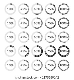 Set of circular load bar, isolated on white background. Five options, flat style, vector illustration.