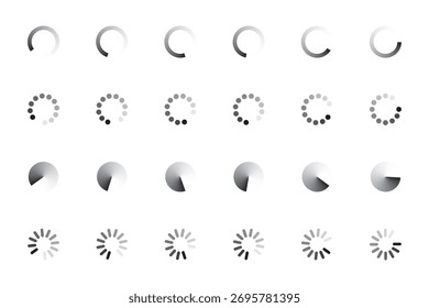 Conjunto de ícones circulares de carregamento e buffer em vários estilos de andamento. Ideal para interface de usuário ou design da Web.