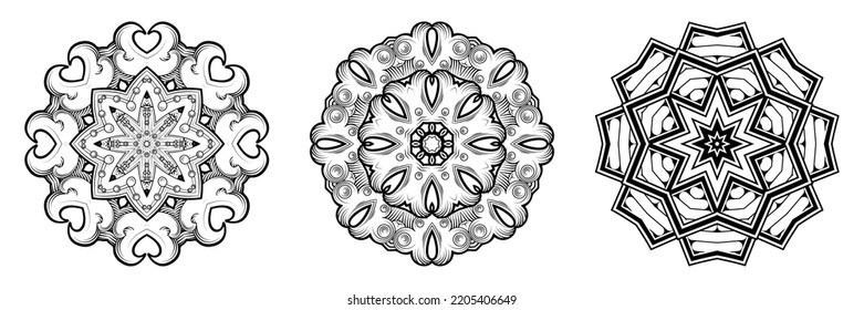 Set of circular mandala patterns for coloring, henna, tattoo, mehndi, books, decoration. Ornate decorative ornament in ethnic oriental style. Vector image