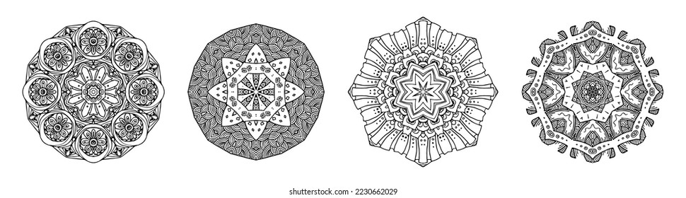 Set of circular mandala patterns for coloring, henna, tattoo, mehndi, books, decoration. Ornate decorative ornament in ethnic oriental style. Vector image