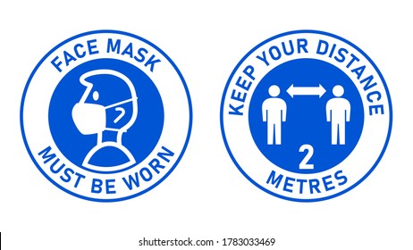 Set of Circular Measure Warning Signs against the Spread of Coronavirus including Face Mask Must Be Worn and Keep Your Distance 2 Metres. Vector Image.