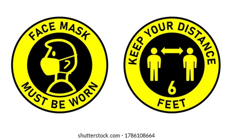 Set of Circular Measure Warning Signs against the Spread of Coronavirus including Face Mask Must Be Worn and Keep Your Distance 6 Feet. Vector Image.