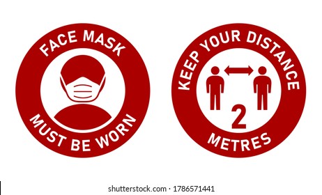 Set of Circular Measure Warning Signs against the Spread of Coronavirus including Face Mask Must Be Worn and Keep Your Distance 2 Metres. Vector Image.