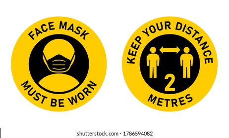 Set of Circular Measure Warning Signs against the Spread of Coronavirus including Face Mask Must Be Worn and Keep Your Distance 2 Metres. Vector Image.