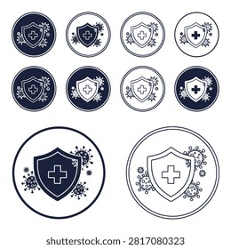 Set of circular medical shield icons featuring a cross symbol surrounded by virus particles and decorative floral elements isolated on transparent background