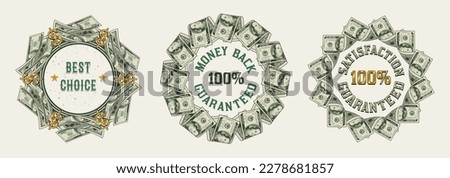 Set of circular money frames with folded US dollar bills, gold dollar sign, copy space. Logo, emblem, badge for advertisement, sale, offer, discount, winner award, congratulations